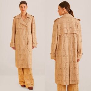 Farm Rio Khaki Pineapple Cotton Eyelet Trench Coat Size Large Neutral Bohemian